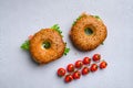 Cream cheese and smoked salmon bagel, on gray stone table background, top view flat lay Royalty Free Stock Photo