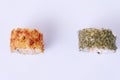 Cream cheese sushi with dill and sushi with dried tomato species on the outside Royalty Free Stock Photo