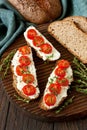 Cream cheese  with tomatoes cherry on  slice of rye bread Royalty Free Stock Photo