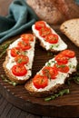 Cream cheese with tomatoes cherry on slice of rye bread on wooden table Royalty Free Stock Photo