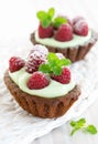 Cream chocolate tarts with raspberry and mint