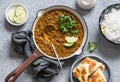 Cream coconut lentil curry, rice, naan bread - vegetarian lunch buffet. Top view Royalty Free Stock Photo