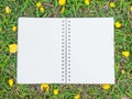 Cream color notebook on green grass