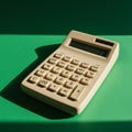 Cream-colored calculator on a green background, casting a distinct shadow. The Royalty Free Stock Photo