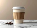 A Cream Colored Coffee Cup With A Brown Cardboard Sleeve And Coffee Beans On A Marble Surface Royalty Free Stock Photo