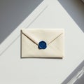 Cream-colored envelope sealed with a blue wax seal, featuring an intricate design. Royalty Free Stock Photo