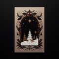 Cream colored Merry Christmas card on black background.