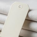 A cream-colored paper tag with a rounded top and a punched hole is placed against a stack of neatly Royalty Free Stock Photo