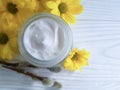 cream cosmetic facial container hygiene yellow flowers handmade cleanser , beauty willow on a wooden background Royalty Free Stock Photo