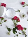 Cream facial cosmetic health nourishing fresh pink blossom white flowers white wooden