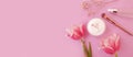Cream cosmetic flower treatment advertising tulip perfection on colored background