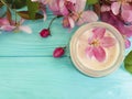 Cream cosmetic lotion ingredient handmade pink flowers on blue wooden Royalty Free Stock Photo