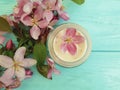 Cream cosmetic lotion ingredient magnolia handmade pink flowers on blue wooden Royalty Free Stock Photo