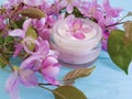 Cream cosmetic lotion ingredient pink flowers on blue wooden Royalty Free Stock Photo