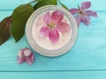 Cream cosmetic lotion freshness essence magnolia handmade pink flowers on blue wooden Royalty Free Stock Photo