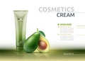 Cream cosmetic realistic mock up package avocado essence. Vector 3D illustration. Cosmetic package ads template. Natural