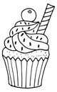 Cream cupcake doodle. Black line baked dessert