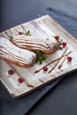 Cream eclairs choux pastries served with fresh cranberries on a handmade ceramic plate. Profiterole cupcakes Royalty Free Stock Photo