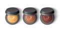 Cream eyeshadow top view. Realistic half-open jars with cosmetic, natural brown colors professional beauty product