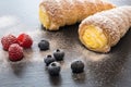 Cream filled horn pastries with berries and powdered sugar Royalty Free Stock Photo