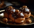 Cream-filled profiteroles with chocolate sauce.Generated by AI