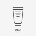 Cream flat line icon. Makeup beauty care sign, illustration of skin moisturizer in plastic tube. Thin linear logo for