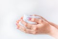 Cream foam in hands, hygiene and clearness