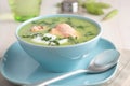 Cream of green pea soup with salmon Royalty Free Stock Photo