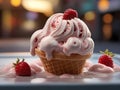 soft strawberry ice cream with fresh strawberries in the waffle cone. Royalty Free Stock Photo