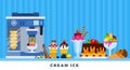 Cream ice. Vector flat illustrations. Machine for ice-cream wafer cone.