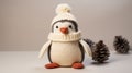 Cream Knit Penguin Toy In Pom Pom Hat And Scarf