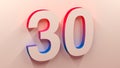 Cream Lights And Shadows 3D Elegant Corporate Number 30 With Red And Blue Gradient Color On The Side Stick To The Wall