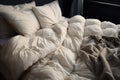 Unmade Bed with Cream Linen and Blanket