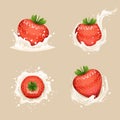 Cream Milk Curl Splash Drops Fruit Strawberry Realistic Transparent Background 3d Design Vector Illustration