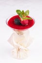 Cream mousse under the jelly of red strawberries, raspberries, served with currants, mint and strawberries in a glass Royalty Free Stock Photo