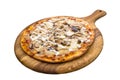 Cream mushroom pizza isolated on wooden cutting board on plain white background side view of fastfood Royalty Free Stock Photo