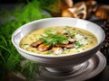 Cream Mushroom Soup with Porcini or Bay Boletes in White Restaurant Bowl, Wild Eco Mushrooms Dish