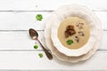 Cream of mushroom soup served in a white plate on a white wooden rustic table. Winter warming hot soup. Top view, flat lay Royalty Free Stock Photo