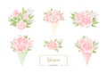 Cream pink rose flower bouquets with green leaves isolated set
