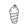 Cream puff pastry roll. Trdlo logo. Doodle dessert icon. Black hand drawn illustration of Trdelnik with soft ice cream. Contour