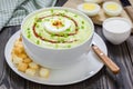 Cream soup with avocado, garnished with egg and croutons. Healthy eating. Royalty Free Stock Photo