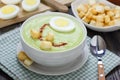 Cream soup with avocado, garnished with egg and croutons. Healthy eating. Royalty Free Stock Photo