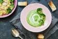 Cream soup broccoli and pasta, top view. Healthy diet. Royalty Free Stock Photo