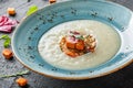 Cream soup of celery with tartare from baked vegetables decorated from croutons and arugula in plate on dark stone background Royalty Free Stock Photo