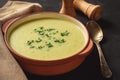 Cream soup with potatoes, leek and peas on wooden table. Royalty Free Stock Photo