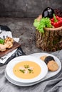 Cream soup with salmon in a white plate on dark concrete background Royalty Free Stock Photo