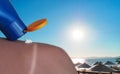Cream for sunburns while people at beach Royalty Free Stock Photo