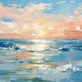 Cream Symbolism Seascape Abstract Painting: Ocean At Sunset