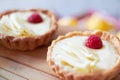 Cream tart closeup, dessert and bakery with cake and sweet treat on wooden table. Pastry, catering and hospitality