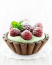 Cream tart with raspberry and mint
